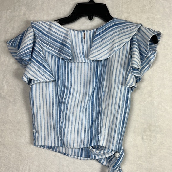 Misa Los Angeles Marah Blue White Stripe Ruffle Wrap Crop Linen Modal Top Blouse - Picture 11 of 16